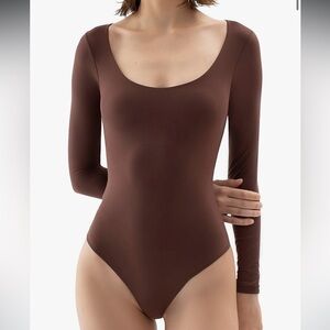 Pumiey Chocolate Brown Butter Soft Long Sleeve Scoop Neck Thong Body Suit 2xl